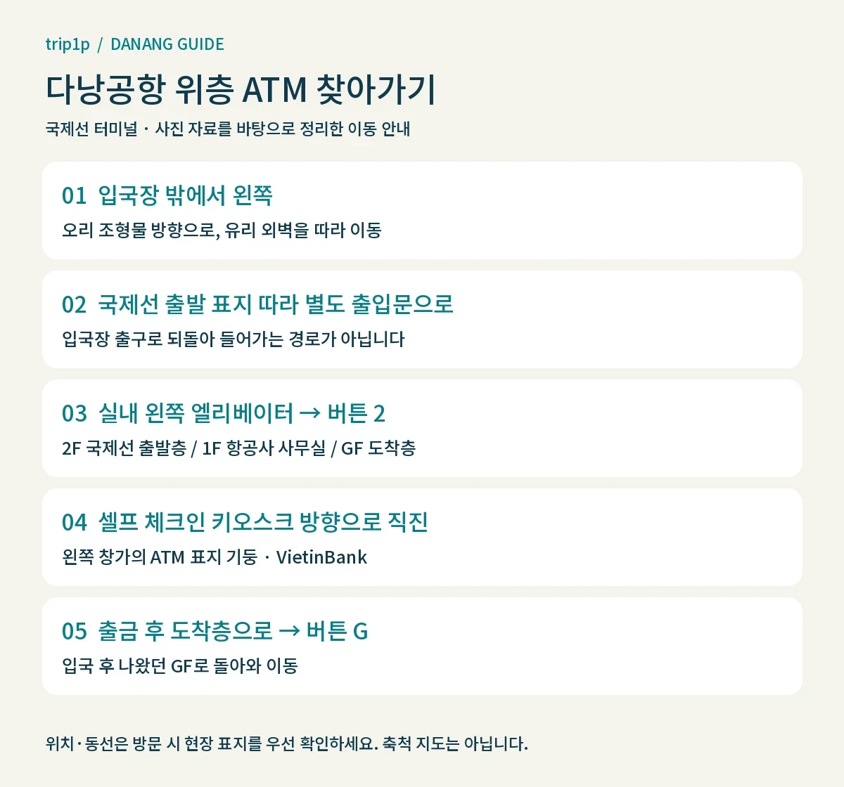 다낭공항 출발층 VietinBank ATM 이동 경로와 엘리베이터 2 및 G 버튼 안내