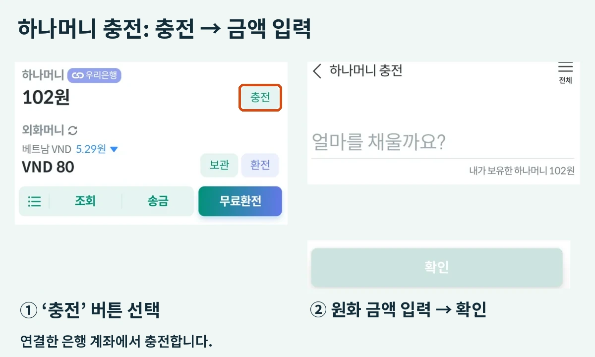 하나머니 메인 화면의 충전 버튼과 원화 충전 금액 입력 화면