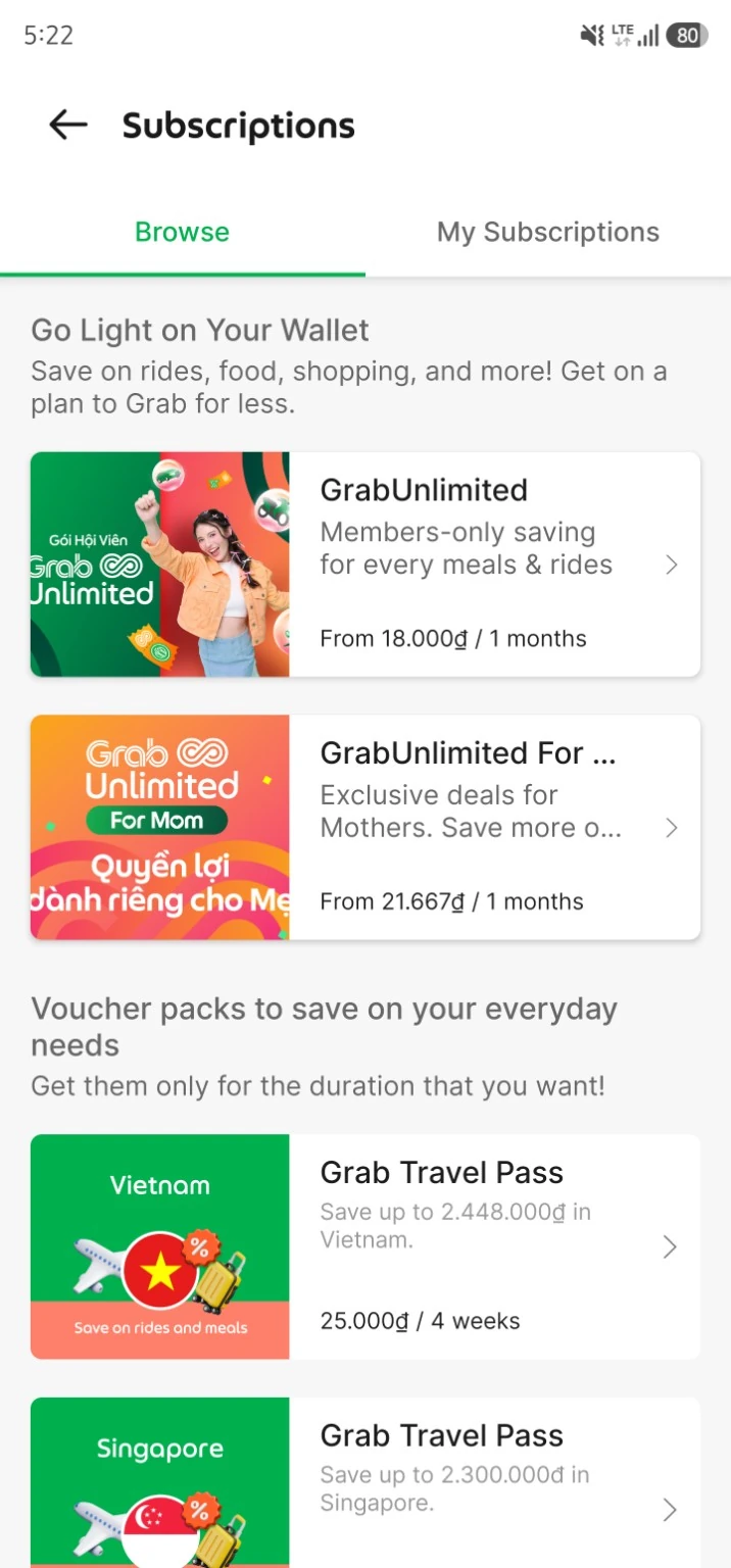 그랩 앱 구독 페이지에 GrabUnlimited와 베트남 Grab Travel Pass 상품이 표시된 화면