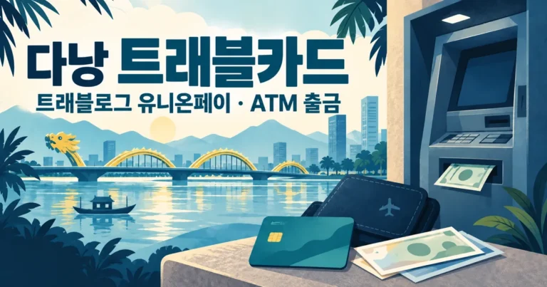 다낭 트래블카드 사용법 표지, 다낭 트래블로그 유니온페이 카드와 ATM 그림
