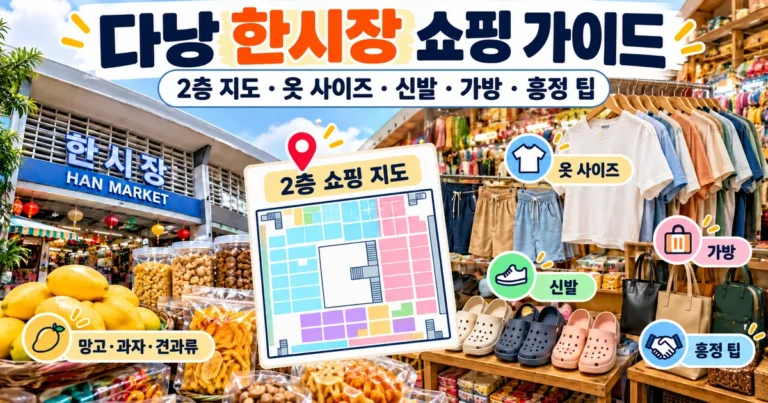 다낭 한시장 2층 지도와 옷 신발 가방 쇼핑 팁을 소개하는 대표 이미지