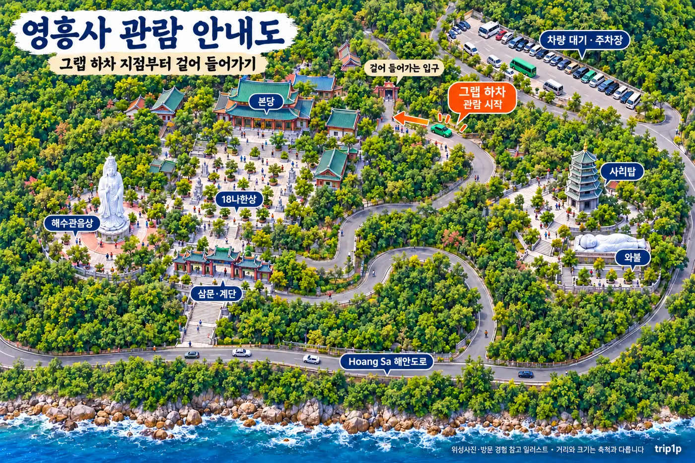 다낭 영흥사 그랩 하차 지점부터 본당 해수관음상 사리탑 와불까지 표시한 관람 안내도