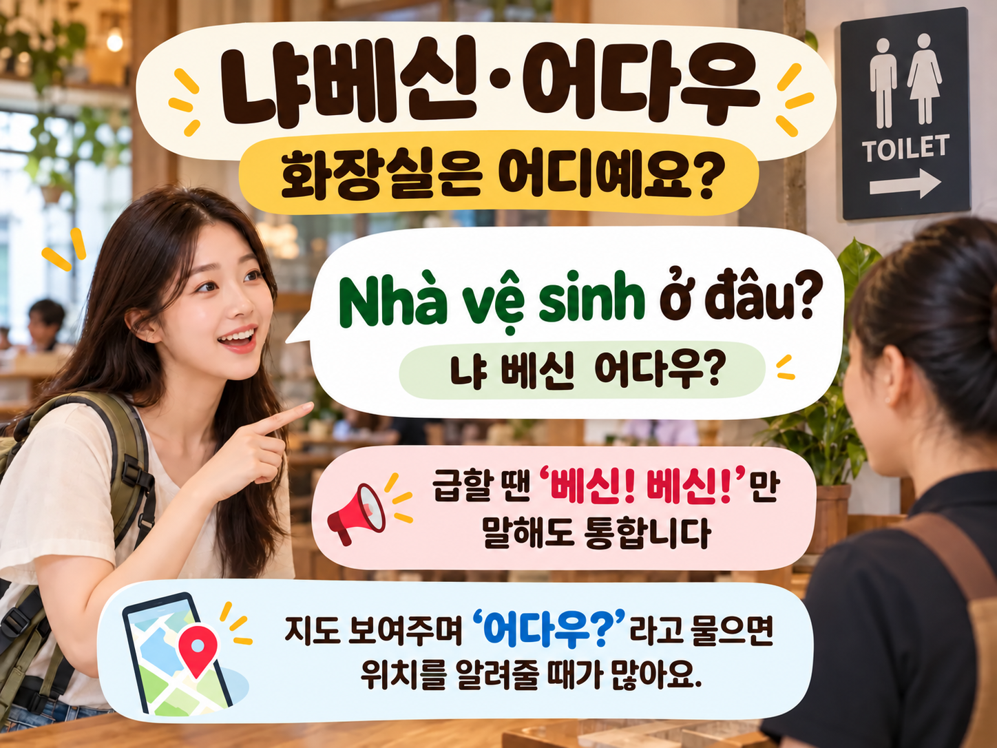 베트남어 Nhà vệ sinh ở đâu 냐 베신 어다우 화장실 위치를 묻는 여행 표현