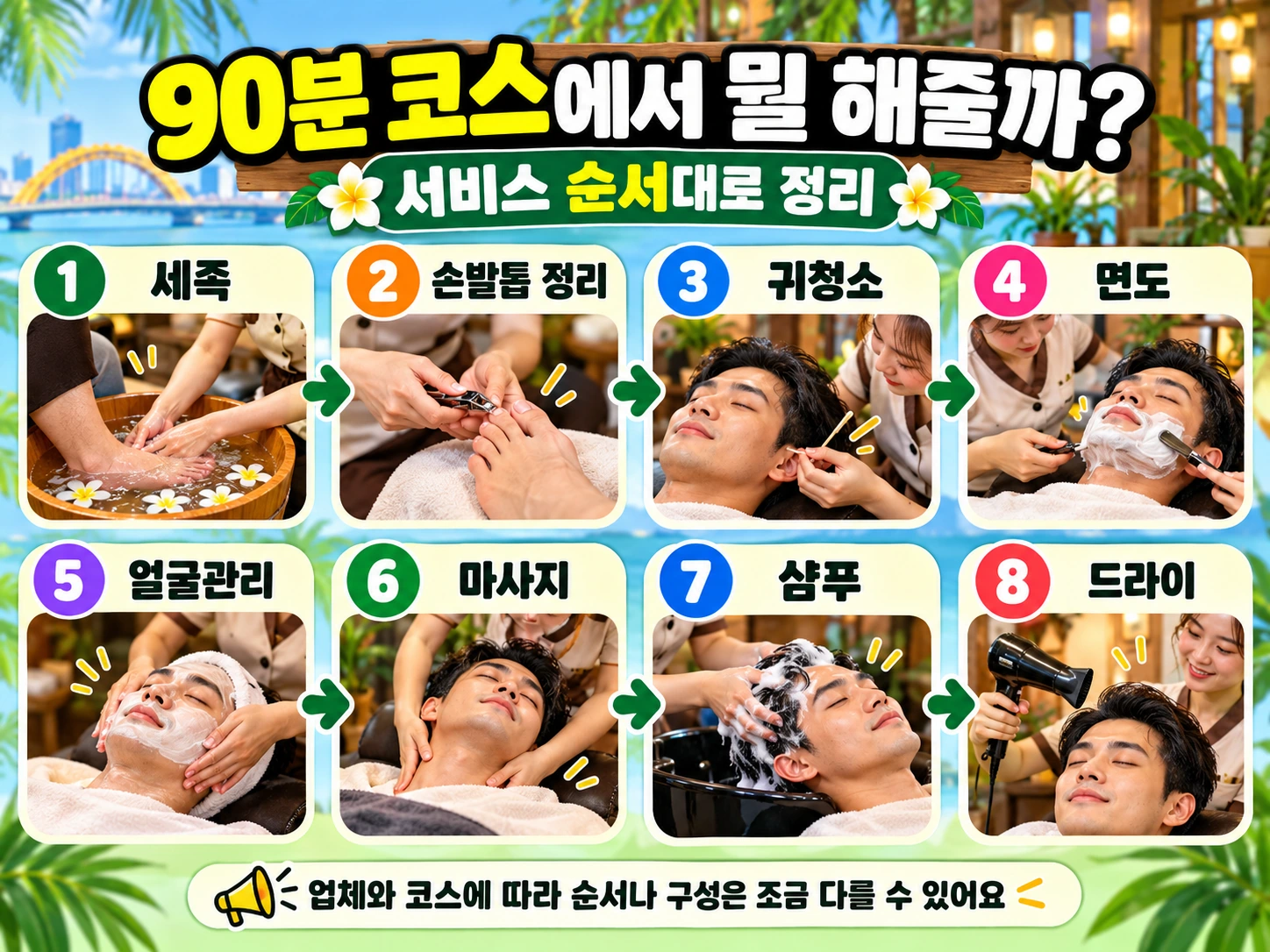 베트남 이발소 90분 코스의 세족·손발톱·귀청소·면도·얼굴관리·마사지·샴푸·드라이 순서